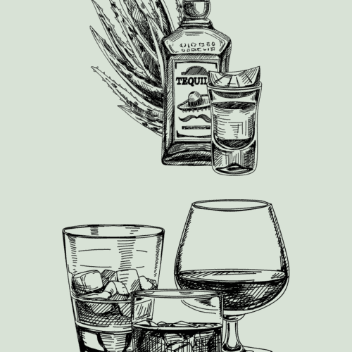 a sketch of a tequila shot and various cocktails