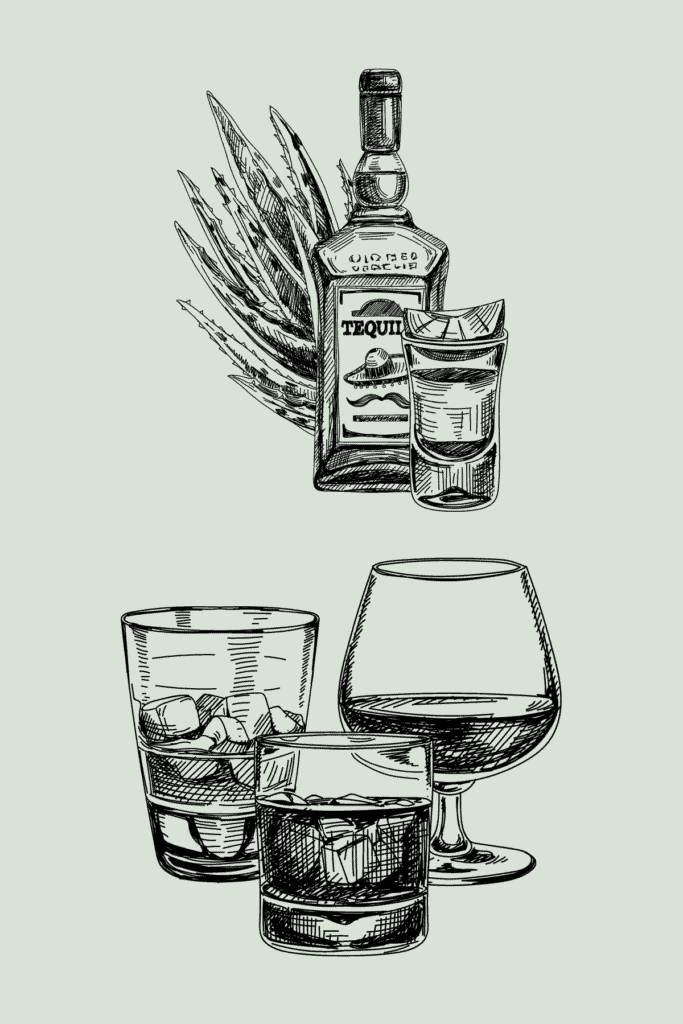 a sketch of a tequila shot and various cocktails