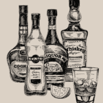 booze drawing with various bottles and a cocktail
