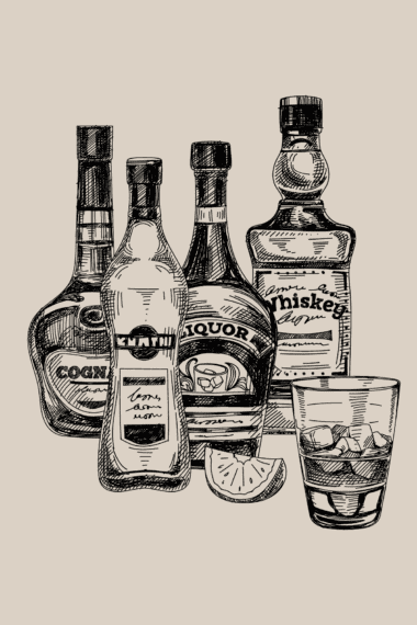 booze drawing with various bottles and a cocktail