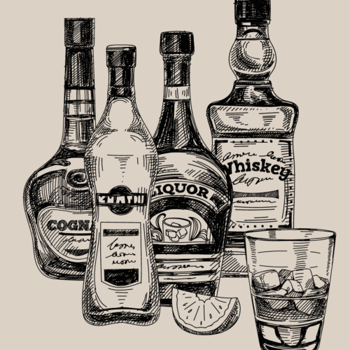 booze drawing with various bottles and a cocktail