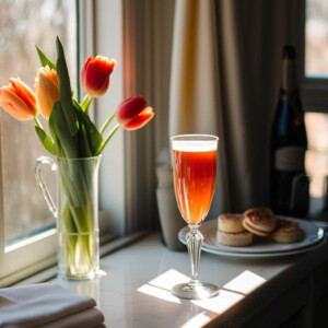 Bellini cocktail on a table with tulips